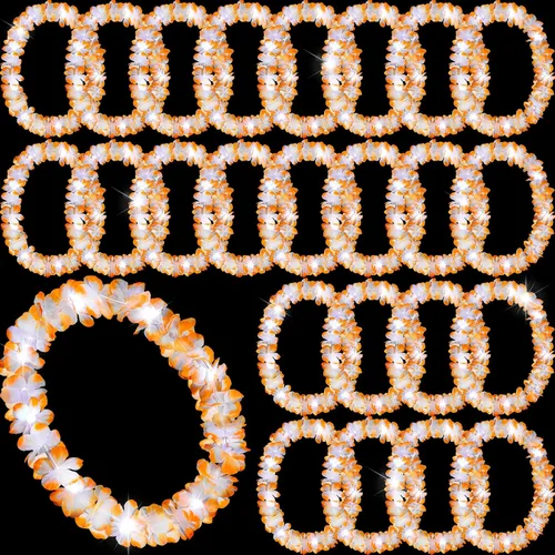 Vista 8 de Sherr 24 piezas de collares de flores hawaianas con luces LED para boda, luces LED para luau, collares de flores hawaianas para playa, carnaval