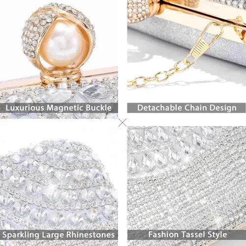 Vista 4 de Yokawe Bolso de noche con cristales para mujer, con diamantes de imitación, con borlas, bolsos cruzados para novia, boda, fiesta, baile de graduación