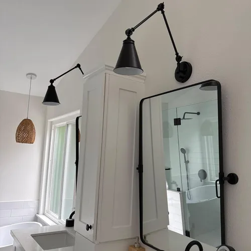 Vista 4 de WINGBO - Juego de 2 apliques de pared con brazo oscilante estilo granja, lámpara de pared industrial ajustable para sala de estar, dormitorio