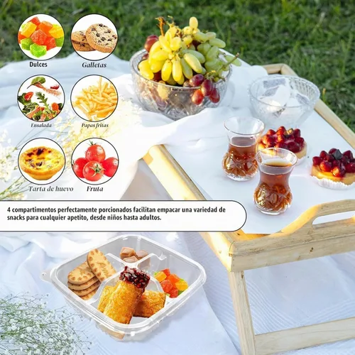 Vista 6 de Paquete de 20 recipientes transparentes Bento para aperitivos, 4 compartimentos con tapas Clear Divided Food Storage Containers, 6.3X6.3X2.36In