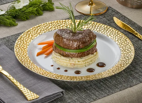 Vista 5 de Laura Stein [60 platos de 10 pulgadas] vajilla de diseñador de plástico pesado de alta calidad con borde dorado, plato de fiesta y boda, serie