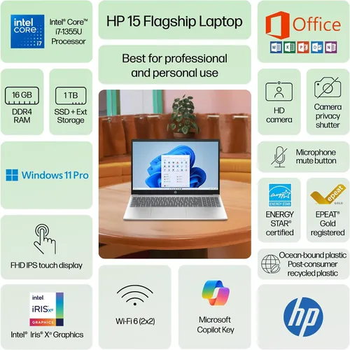 Vista 2 de HP Laptop con pantalla táctil FHD de 15.6 pulgadas 2025-2026 para estudiantes, computadora IA ultra potente, oficina de por vida, Intel i7 de 10