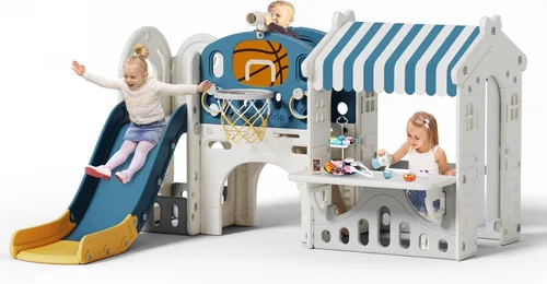 Vista 7 de BIERUM Tobogán 10 en 1 para niños pequeños con aro de baloncesto, tobogán interior para niños pequeños de 1 a 3 años con casa de juegos para niños