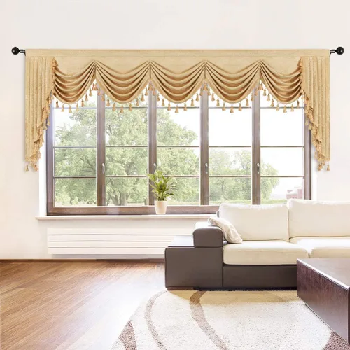 Vista 38 de ELKCA Cenefa de cortina de felpilla beige para ventana de sala de estar, cenefa de cascada para dormitorio, bolsillo para barra
