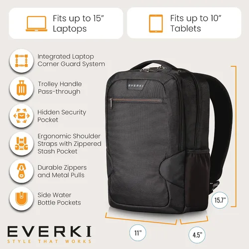 Vista 5 de EVERKI Studio Slim Business Professional - Mochila para laptop MacBook Pro 15 de 14.1 pulgadas, ligera, para hombres o mujeres (EKP118), color negro