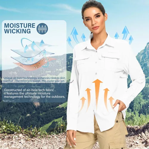 Vista 6 de Camisas de manga larga UPF 50 para mujer, protección solar UV, safari, secado rápido, pesca, senderismo, viajes