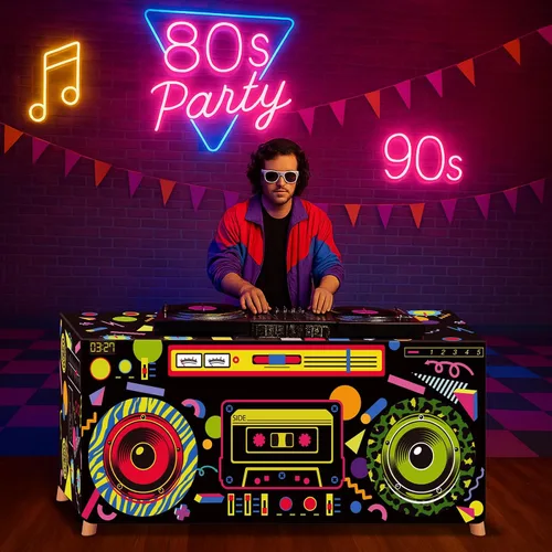 Vista 6 de Frienda Mantel temático de 6 pies, 80 y 90, mantel de cumpleaños de los años 80, mantel retro de radio, decoración de fiesta de hip hop, suministros