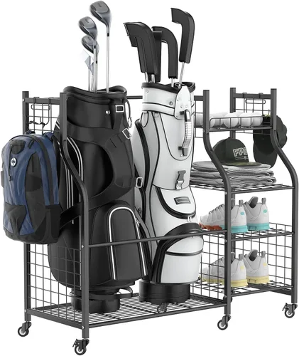 Vista 9 de WALMANN Soporte para bolsa de golf de garaje, almacenamiento grande para bolsas de golf con accesorios de golf, estantes de almacenamiento