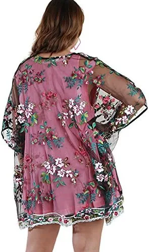 Vista 6 de Umgee Kimono de malla transparente bordado floral para mujer