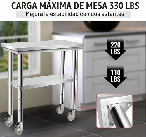 Vista 7 de Mesa de acero inoxidable para preparación de 30 x 12 pulgadas, mesa de trabajo resistente con 4 ruedas para cocina comercial, restaurante, hogar