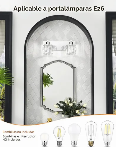 Vista 3 de VOLISUN Luces de Tocador de Cristal - 2 Luces Modernas de Acero Inoxidable para Baño Sobre Espejo, Acabado Cromado - Certificado UL