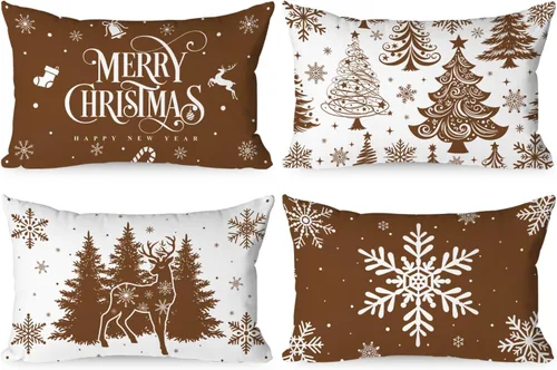 Vista 21 de Lanpn Juego de 4 fundas de almohada de Navidad negras de 12 x 12 pulgadas, fundas de almohada decorativas de invierno, cojín de árbol de Navidad