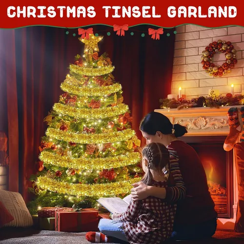 Vista 3 de Guirnalda de oropel dorada de Navidad de 50 pies, guirnalda metálica brillante con diseño de oropel colgante para adornos de árbol de Navidad