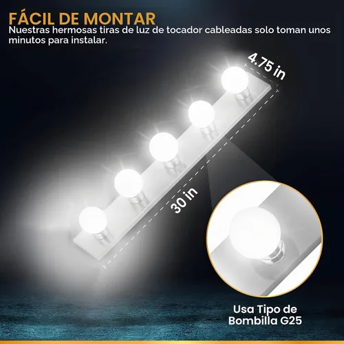 Vista 4 de Lighting Five Light Vanity Strip - Lámpara de espejo estilo Hollywood con placas cromadas, accesorios de grado de salón para dormitorio, baño Cromo