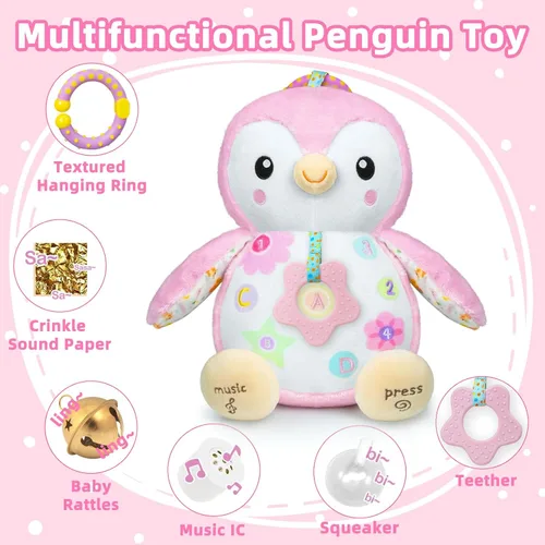 Vista 2 de Juguetes para bebés 0-6 meses, animal de peluche musical con sonajeros y papel crujiente, anillo colgante para juego sensorial, juguetes para tiempo