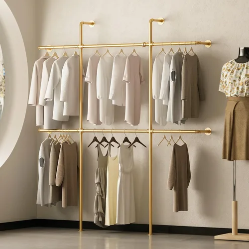 Vista 5 de Perchero de ropa de tubería dorado montado en la pared, percheros industriales con 6 varillas para colgar, estantes de ropa resistentes