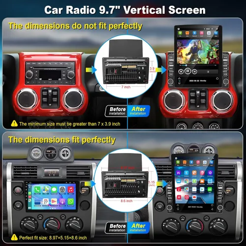 Vista 2 de Radio de coche doble DIN universal de 9.7" con unidad principal de pantalla táctil, soporte para carplay inalámbrico y Android auto, soporte