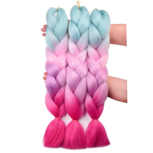 Vista 7 de BACANA Extensiones de cabello para trenzar en 4 tonos, degradado verde y rosa, extensiones de cabello colorido para trenzar, trenzas para niños