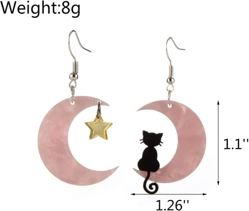 Vista 5 de Pendientes de acrílico con diseño de gato y luna ligeros divertidos y divertidos animales con estrella de cinco puntas para mujeres y niñas