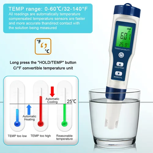 Vista 3 de Medidor TDS 5 en 1, medidor de pH digital de alta precisión 0.01 para agua, probador de PH/TDS/EC/sal/temperatura, medidor PPM para agua potable