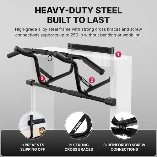 Vista 7 de DMoose Fitness Barra de dominadas para puerta – Capacidad de hasta 250 libras, sin atornillar ni deslizarse, dominada colgante y barra de barbilla