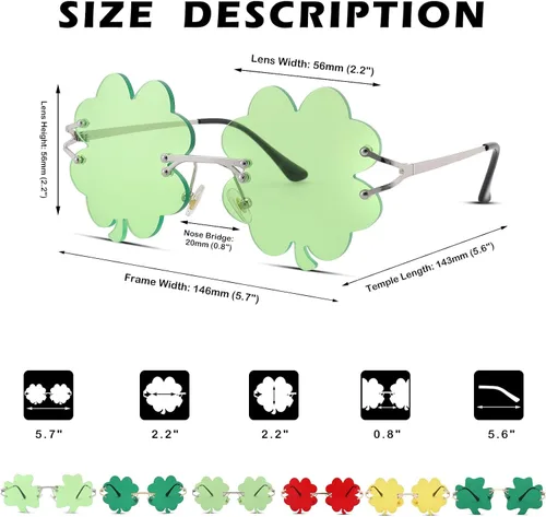 Vista 4 de Gafas de sol verdes para el día de San Patricio, trébol irlandés, trébol de cuatro hojas, lentes verdes, lentes para fiesta de disfraces