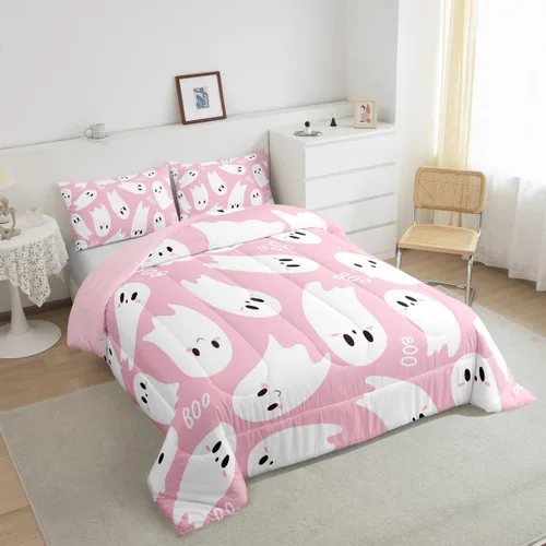 Vista 6 de Castle Fairy Happy Halloween - Juego de edredón para niños, tamaño Queen, juego de ropa de cama con diseño de fantasmas de dibujos animados rosa