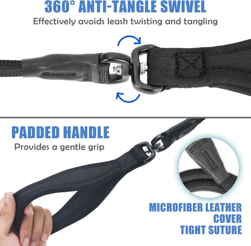 Vista 4 de Heydoggy Correa antideslizante para perro, resistente correa de entrenamiento de 4 pies/6 pies [360 giratorio antienredos ] nailon duradero sin Negro
