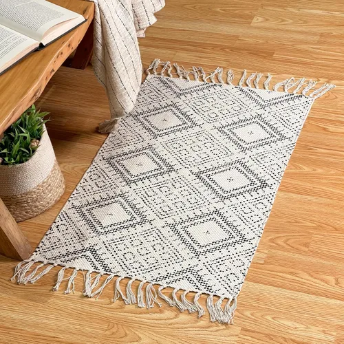 Vista 5 de Chardin home Alfombra bohemia con diamantes de 20 x 32 pulgadas, color marfil y negro, con flecos tejidos a mano, perfecta para entrada, felpudo