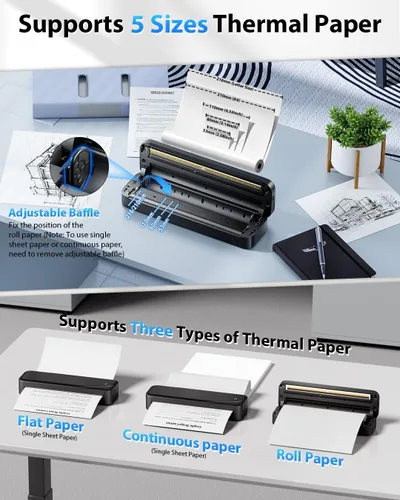 Vista 6 de Impresoras portátiles inalámbricas para viajes, impresora térmica Bluetooth sin tinta Negro