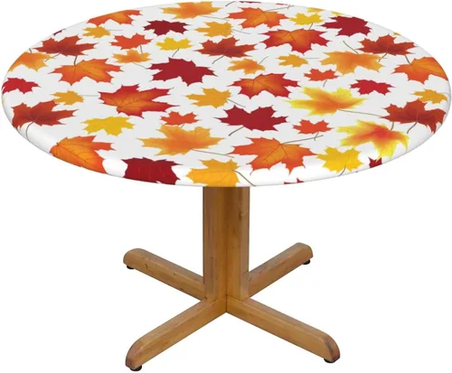 Vista 8 de Fiokroo Mantel de hojas de arce otoñales con borde elástico, mantel redondo de Acción de Gracias hoja de otoño lavable reutilizable cubierta de mesa