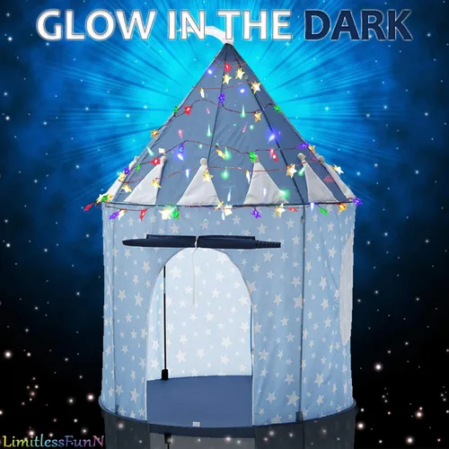 Vista 4 de Tienda de campaña y luces de castillo para niños, juguete de casa de juegos para niños, 41 x 53 pulgadas, azul
