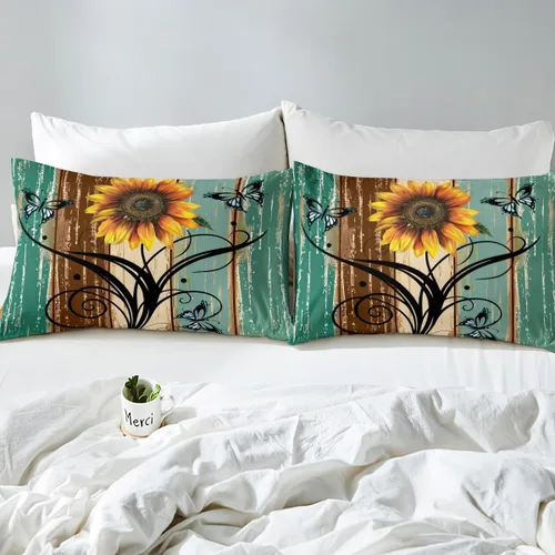 Vista 4 de Erosebridal Juego de ropa de cama rústica de tamaño individual, diseño de mariposa y girasol, para niños, adolescentes, adultos, retro, grunge