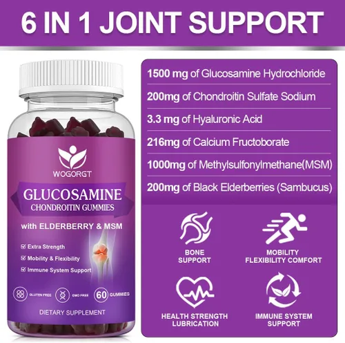 Vista 3 de WOGORGT Gomitas de condroitina de glucosamina para mujeres y hombres, 1500 mg de glucosamina condroitina con MSM y saúco, flexibilidad y apoyo