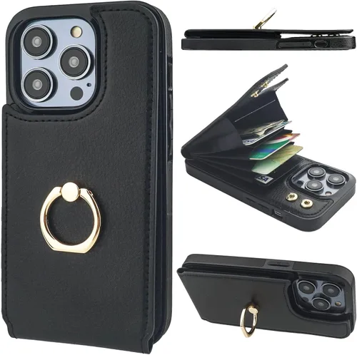 Vista 14 de Folosu Funda tipo billetera compatible con iPhone 14 con soporte para tarjetas, soporte de anillo para dedo con rotación de 360° y función atril