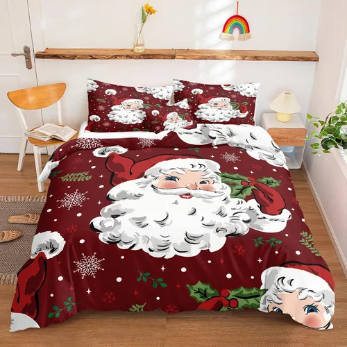 Vista 27 de Juego de ropa de cama de Navidad con funda de edredón de copos de nieve, color blanco y rojo, con estampado navideño, juego de ropa de cama festiva