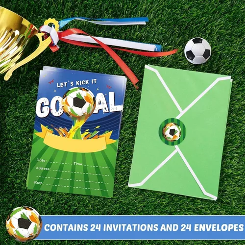 Vista 3 de WERNNSAI 24 Juego de Invitaciones de Cumpleaños de Fútbol con Sobres - Suministros de Fiesta de Fútbol para Niños, Niños, Deporte de Fútbol