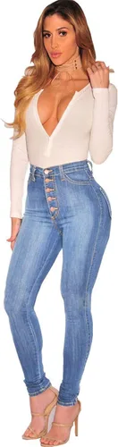 Vista 3 de Pantalones de mezclilla de talle alto con botones y curvas para mujer pantalones ajustados de mezclilla suave con botones para jóvenes cintura súper