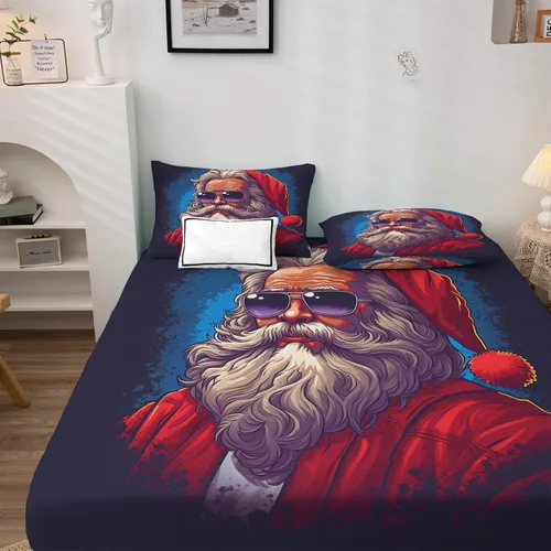 Vista 2 de Juego de sábanas de Navidad tamaño individual, sábanas de Papá Noel, sábanas y fundas de almohada estampadas de 3 piezas, sábana bajera ajustable