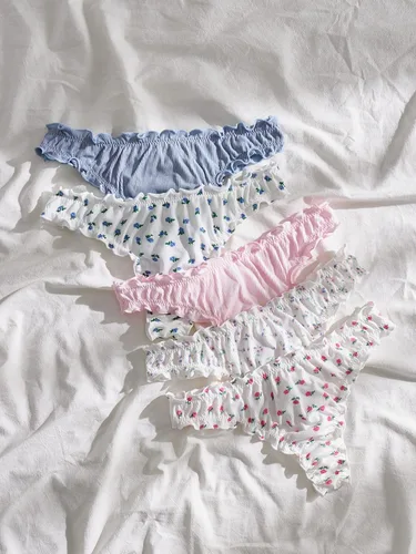 Vista 2 de Cozyease Conjunto de 5 piezas para mujer con estampado floral y ribete de lechuga de tiro bajo