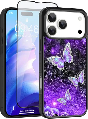 Vista 9 de OOK Diseños para iPhone 14 Pro Max Funda con Purpurina Mariposa Púrpura Diseño de Nebulosa Espacial PC Duro + TPU Suave Parachoques Antideslizante