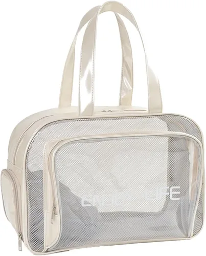 Vista 7 de Neceser de viaje, bolsa de aseo transparente con asa, bolsa de maquillaje impermeable para playa, viajes, gimnasio, Negro