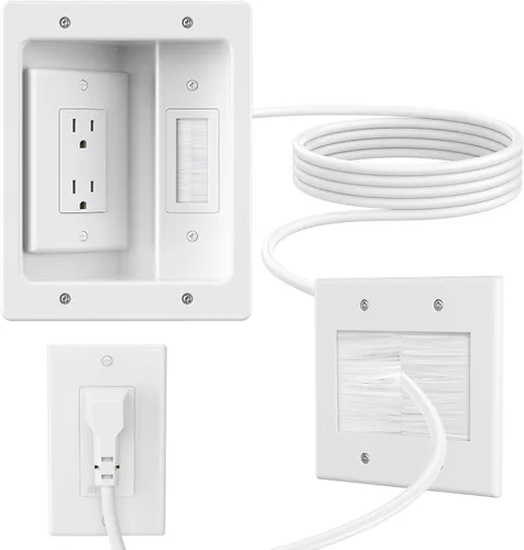 Vista 9 de Kit de organización de cables de pared con placa de pared de cepillo, salidas de CA y puertos USB, cable de 9 pies, toma de pared empotrada