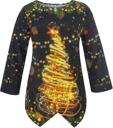 Vista 4 de QFVZHY Sudadera con capucha para mujer, casual, holgado, cuello redondo, dobladillo irregular, manga larga, suéter feo de Navidad