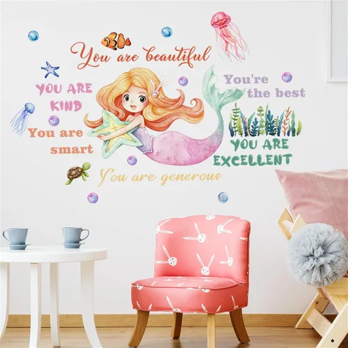 Vista 2 de WAFT YEARN Vinilo extraíble con diseño de sirenas y medusas subacuáticas de animales del océano, decoración de pared para guardería, escuela, aula