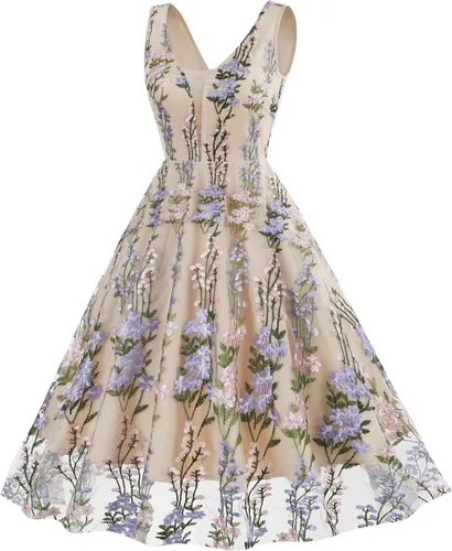 Vista 2 de Vestido de noche de tul con bordado floral para mujer, diseño de ilusión de malla transparente, vintage, cóctel, vestido de fiesta de boda, fiesta