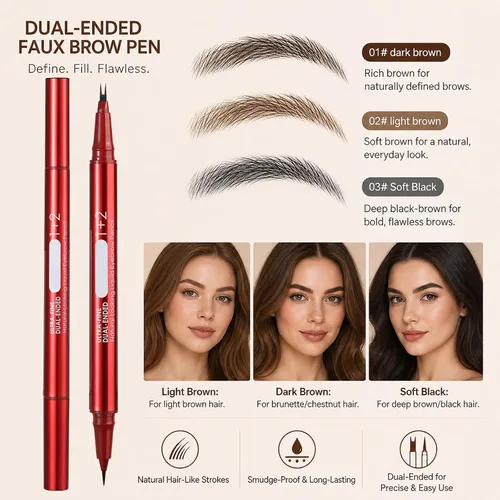 Vista 9 de Lápiz de cejas de imitación de doble extremo, lápiz líquido para cejas con punta de doble cepillo y punta única precisa, maquillaje rápido y fácil