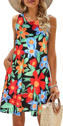 Vista 28 de SimpleFun - Vestidos de verano para mujer, camiseta floral, vestido de playa de estilo bohemio, informal, con bolsillos y sin mangas