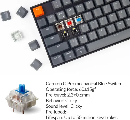 Vista 5 de Keychron Teclado mecánico K8 inalámbrico intercambiable en caliente Bluetooth 5.1USB con cable, teclado de computadora Tenkeyless de 87 teclas