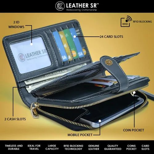 Vista 2 de Leather SR Cartera de cuero de grano superior para mujer de gran capacidad con bloqueo RFID 24 ranuras para tarjetas 9 compartimentos